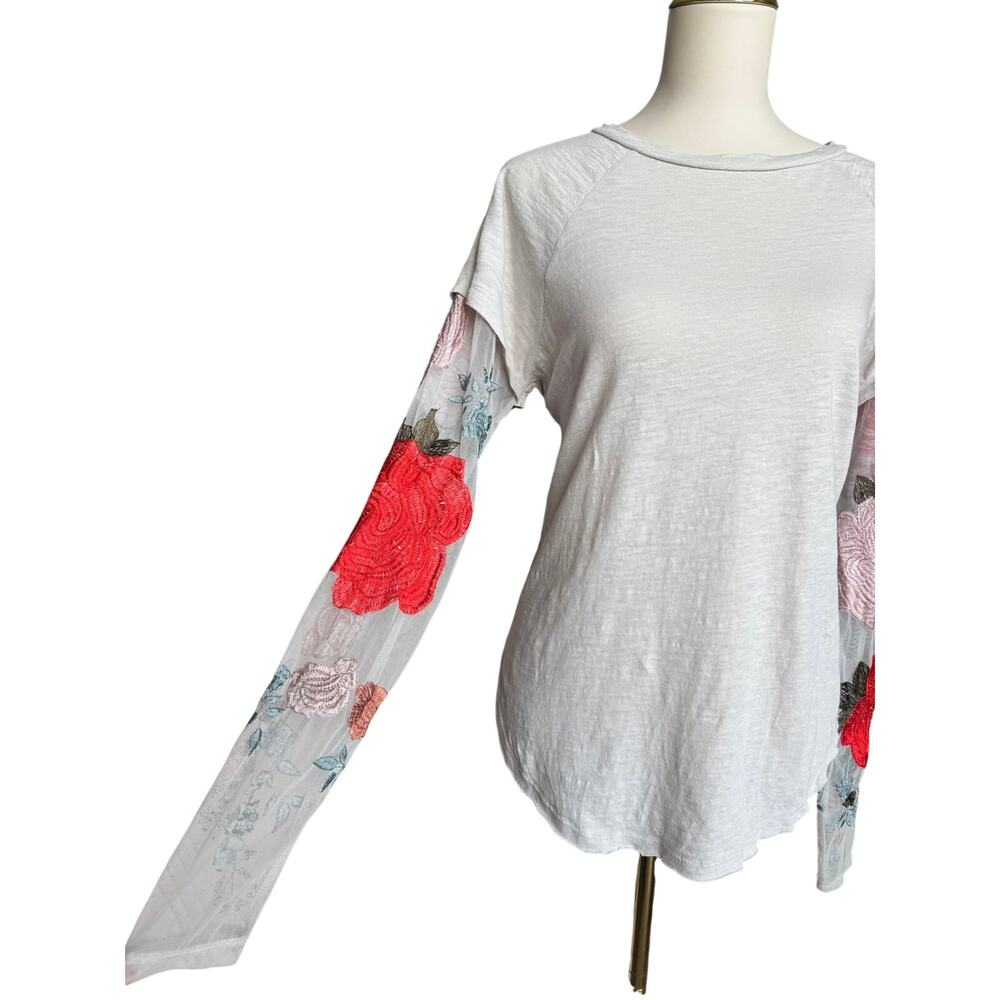 Free People Embroidered Mesh Sleeve Tee Boho Romantic Floral Top Size Medium - Picture 9 of 14